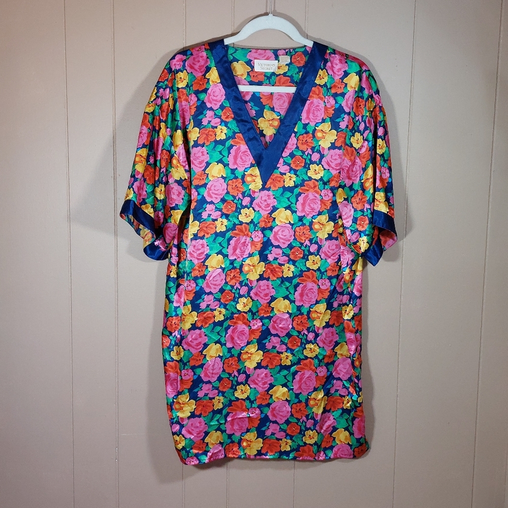 Victoria's Secret Gold Label Vtg Floral Satin Sleep Shirt Nightgown M/L READ